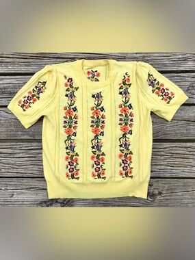 Ladies XL Overseas Woven Knit Embroidered Flower Short Sleeve Sweater Summer Top